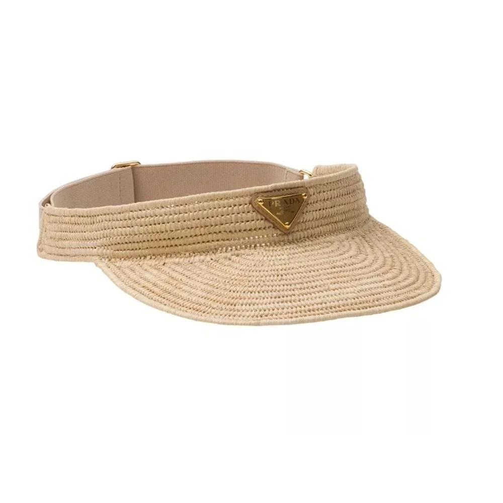 Prada Natural Straw Visor with Gold Triangle Logo